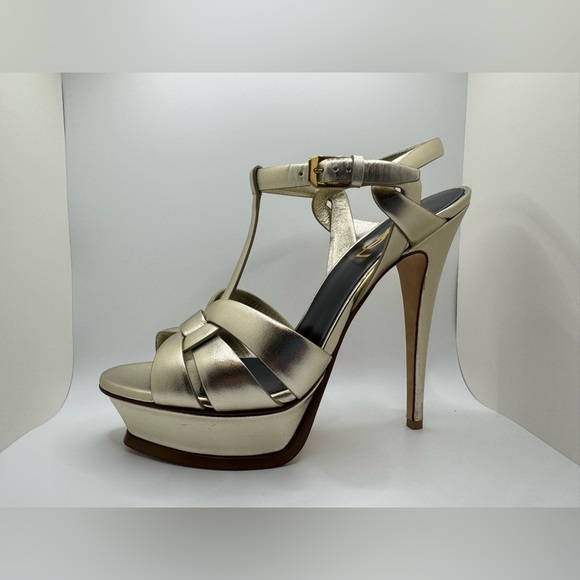 Saint Laurent Tribute Sandals in Metallic Leather Platino Size 39 Worn Once! - Picture 4 of 9